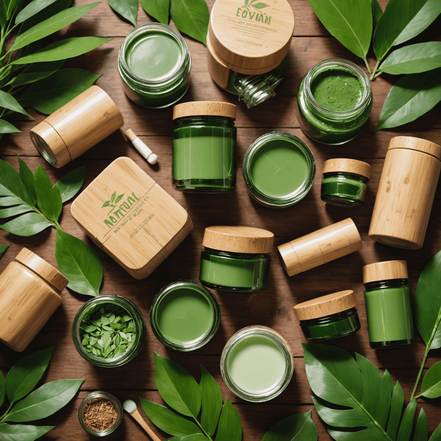 Various eco-friendly cosmetic packaging options including glass jars, bamboo containers, and recyclable tubes arranged on a wooden surface with green leaves