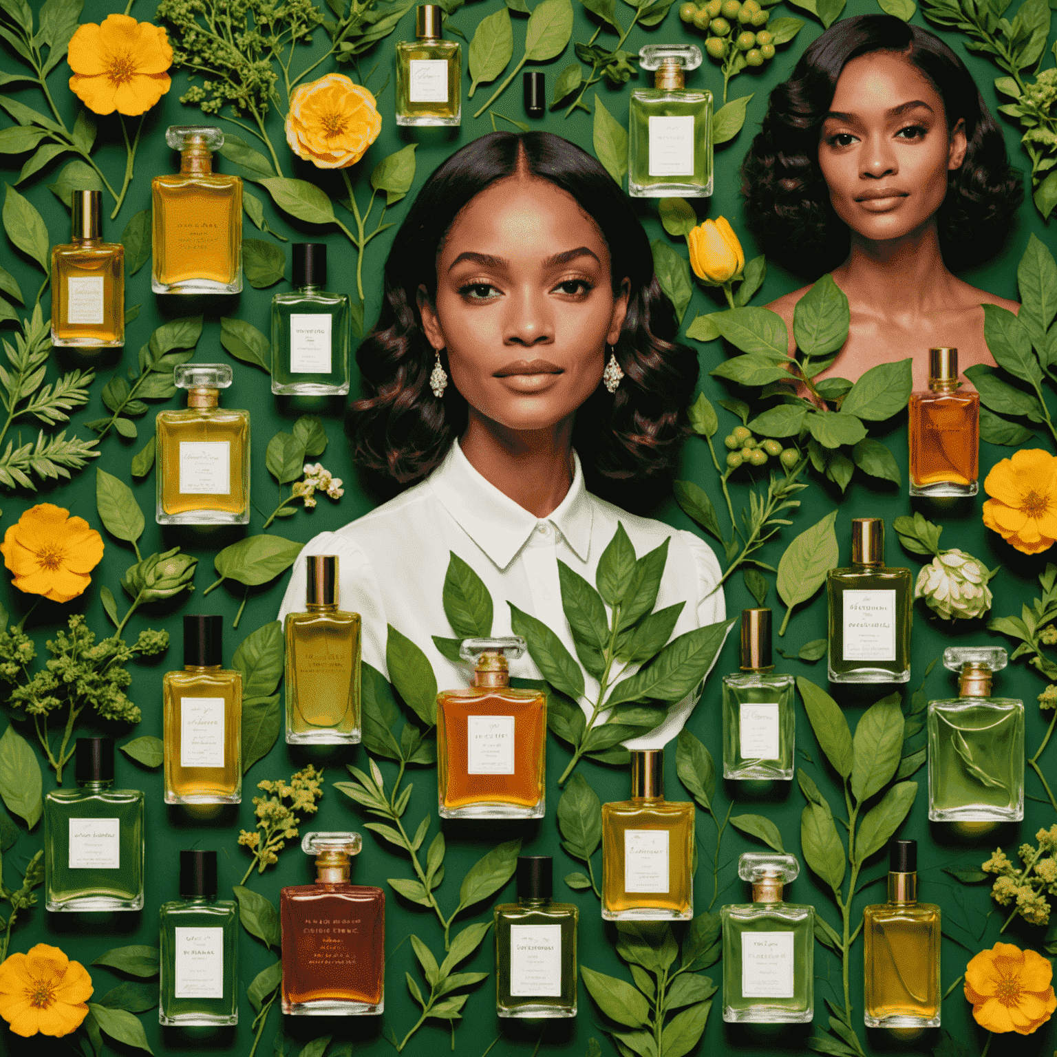 A collage of celebrities posing with various natural perfume bottles, set against a backdrop of lush botanical ingredients