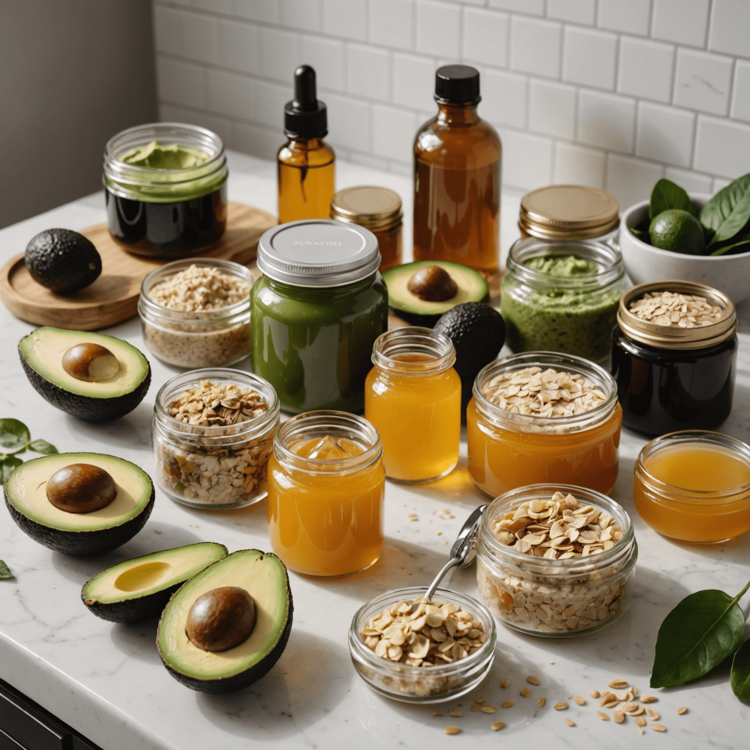 A kitchen counter with various natural ingredients like avocados, honey, oatmeal, and essential oils alongside homemade skincare products in glass jars