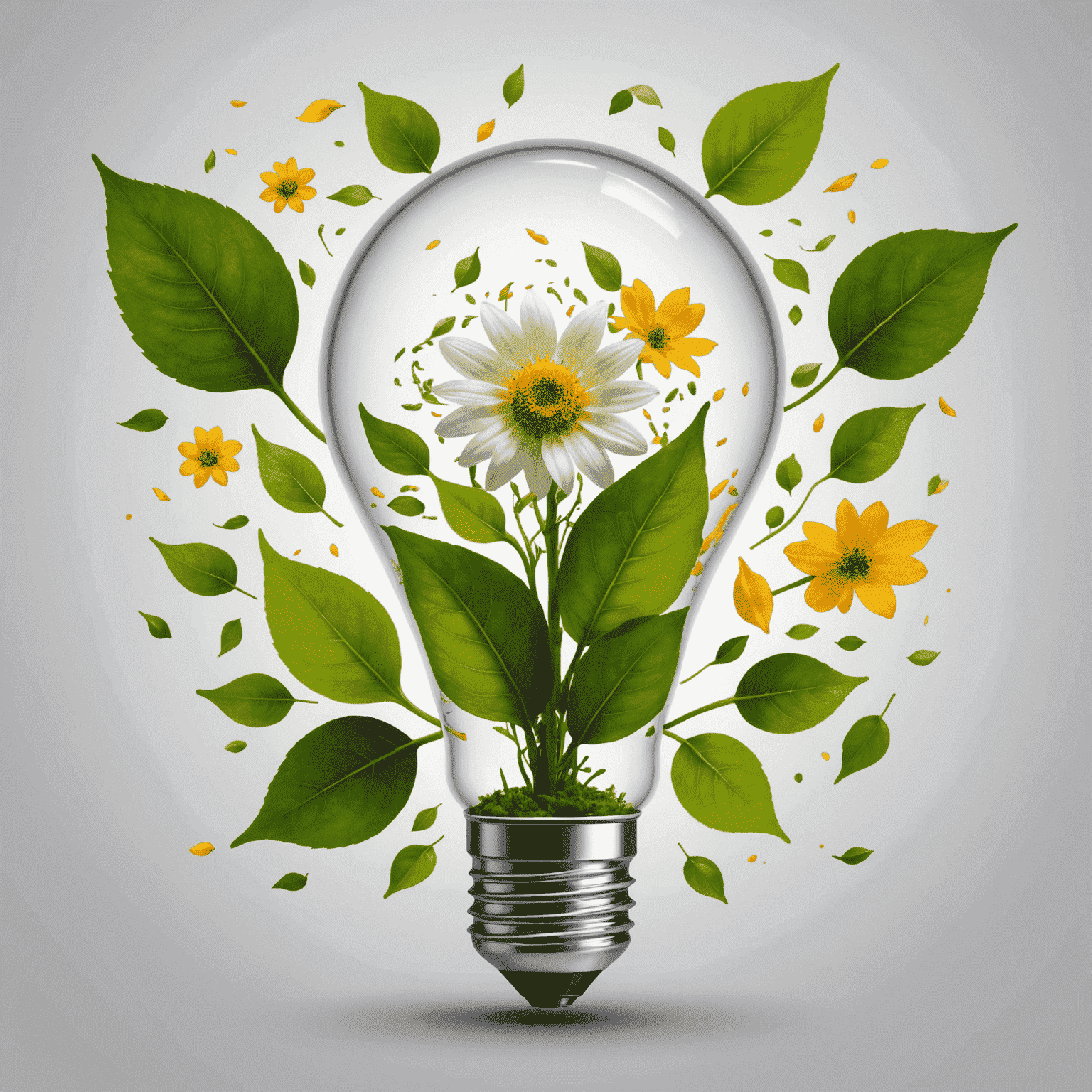 A stylized lightbulb with natural leaves and flower petals emerging from it, symbolizing innovative and eco-friendly brand strategies for natural cosmetics and perfumes.