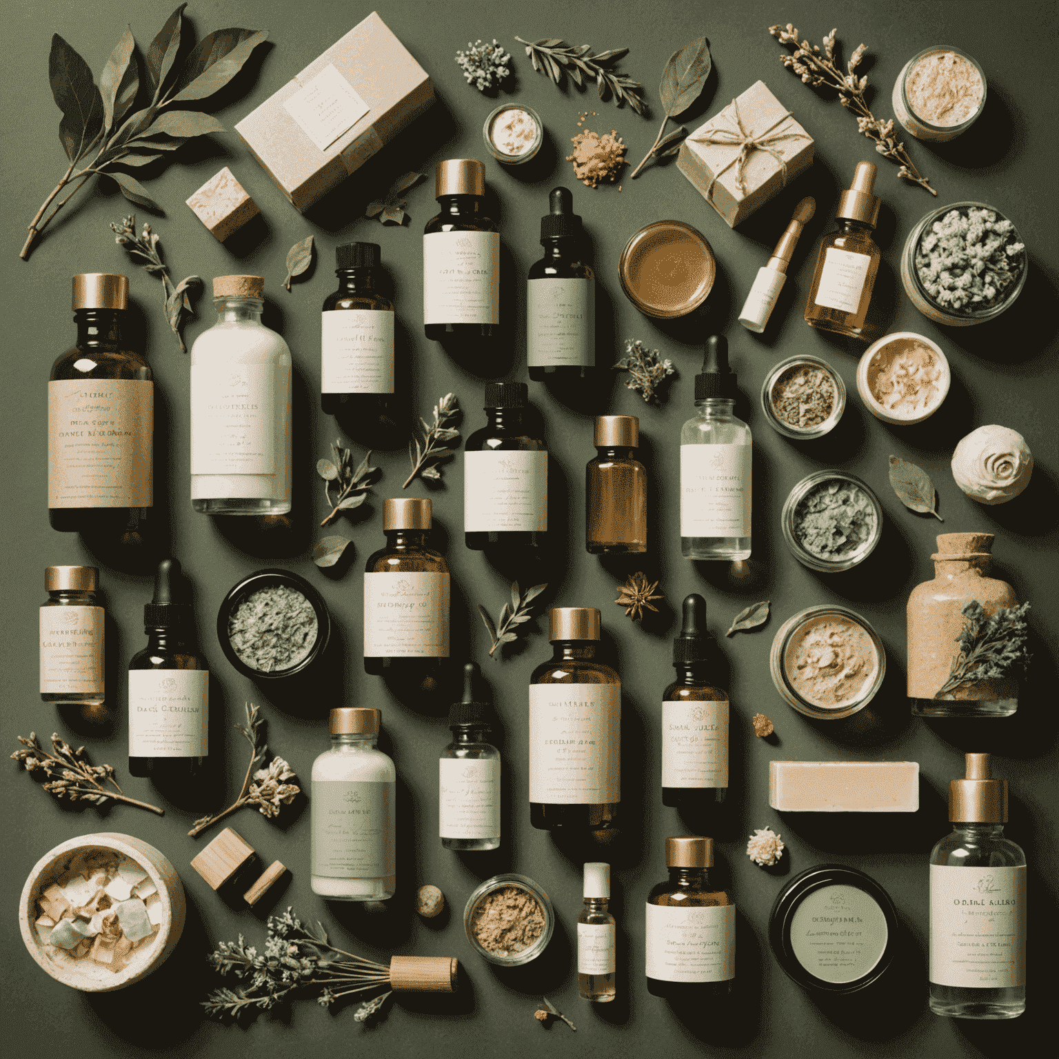 A collage showcasing various natural cosmetics and perfume products arranged artistically. The image includes glass bottles with essential oils, handmade soaps, organic face creams, and eco-friendly packaging materials. The color scheme is dominated by earthy tones and soft pastels, reflecting the natural and organic nature of the products.