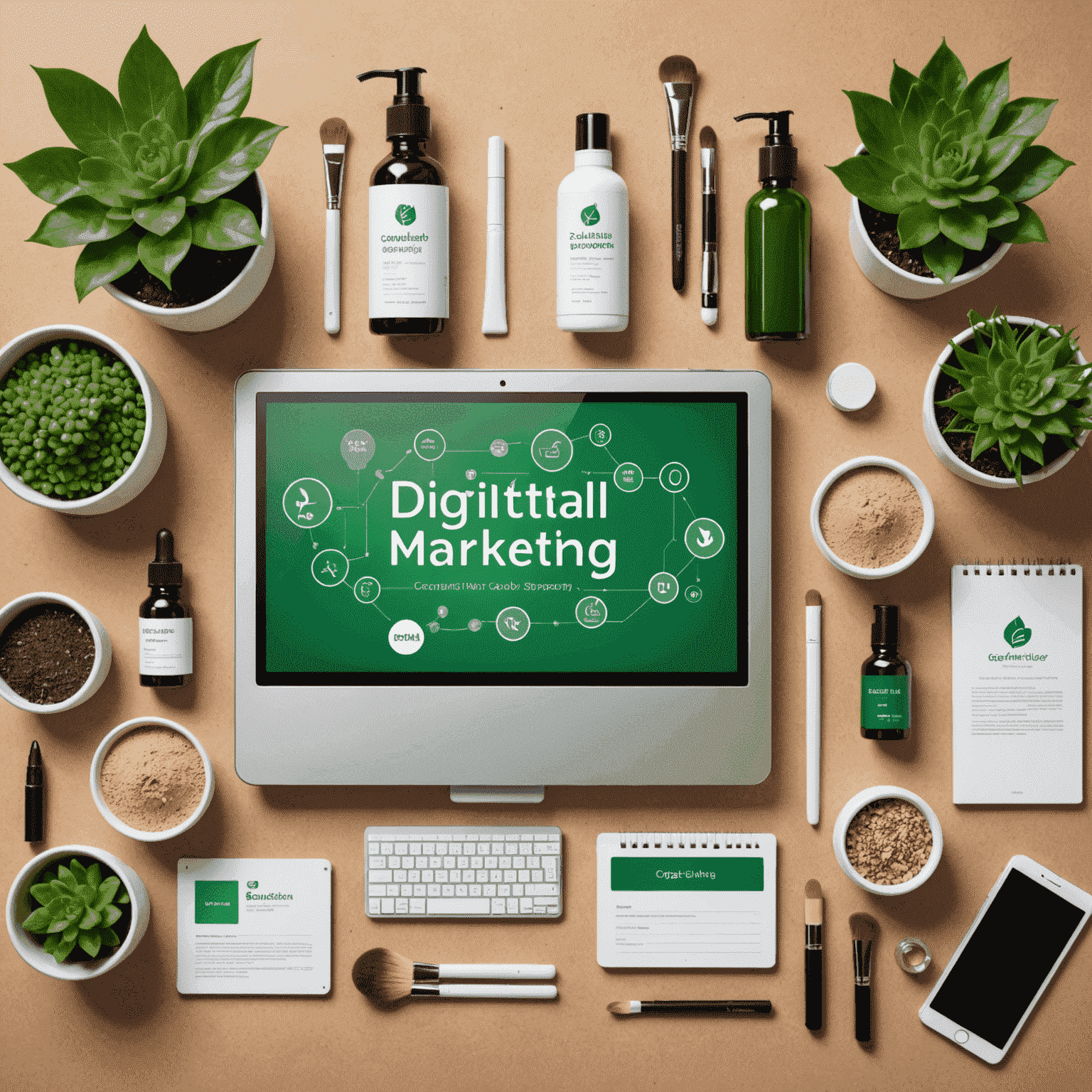 Digital marketing campaign strategy board showing various online platforms and eco-friendly cosmetic products