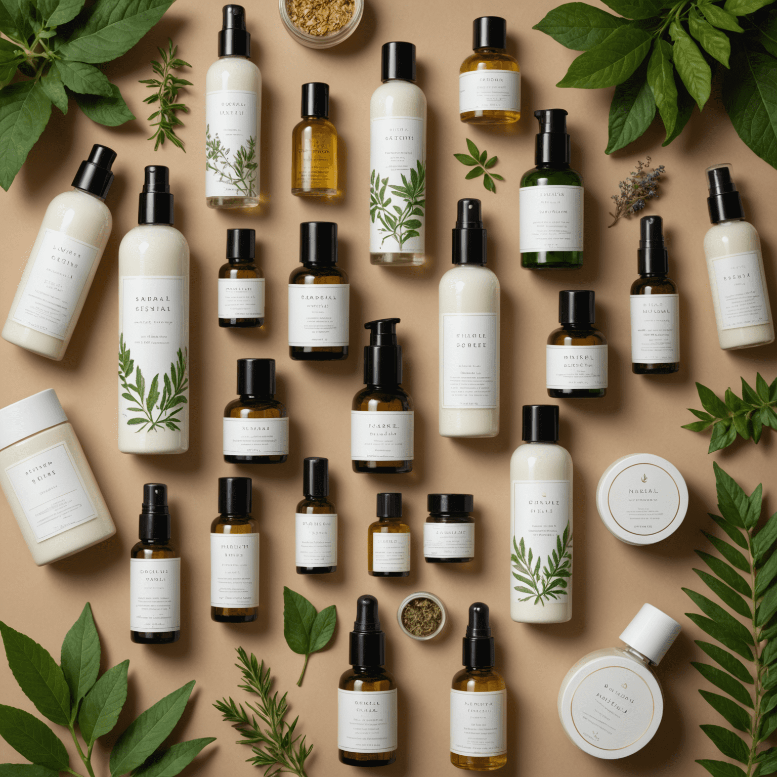 A collection of natural cosmetics and perfumes arranged aesthetically with eco-friendly packaging. Surrounding the products are various plants and herbs used in their formulations.