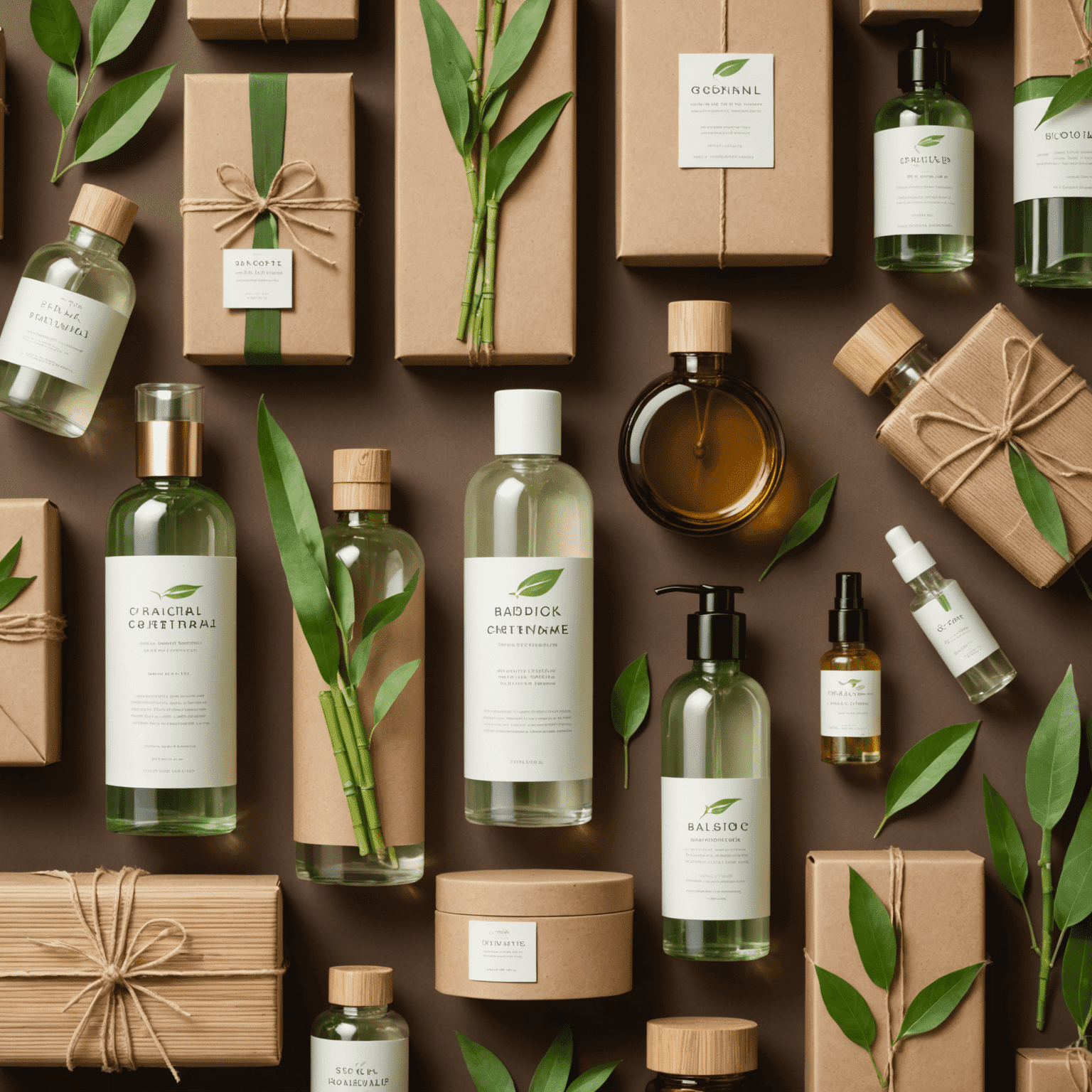 Various eco-friendly packaging concepts for natural cosmetics and perfumes, including glass bottles, bamboo containers, and recycled paper boxes