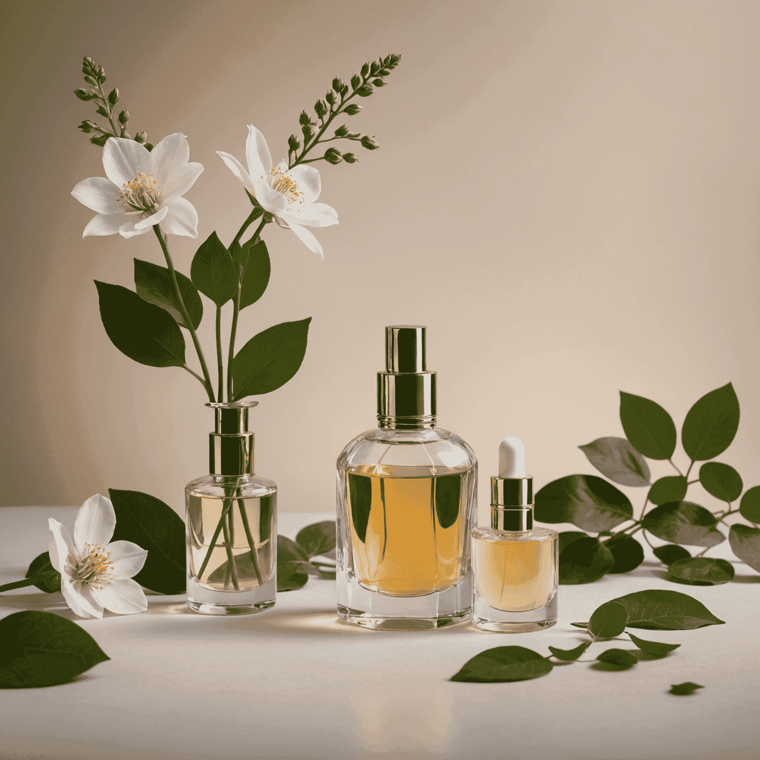 High-quality product photography showcasing natural cosmetics and perfumes in an elegant, minimalist setting with soft lighting and natural elements like flowers and leaves