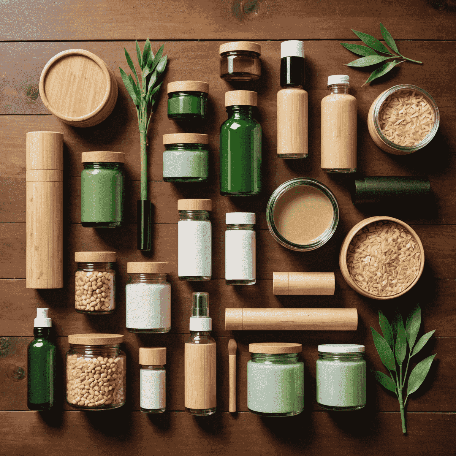 Various eco-friendly cosmetic packaging materials including glass jars, bamboo containers, and recyclable tubes arranged on a wooden surface