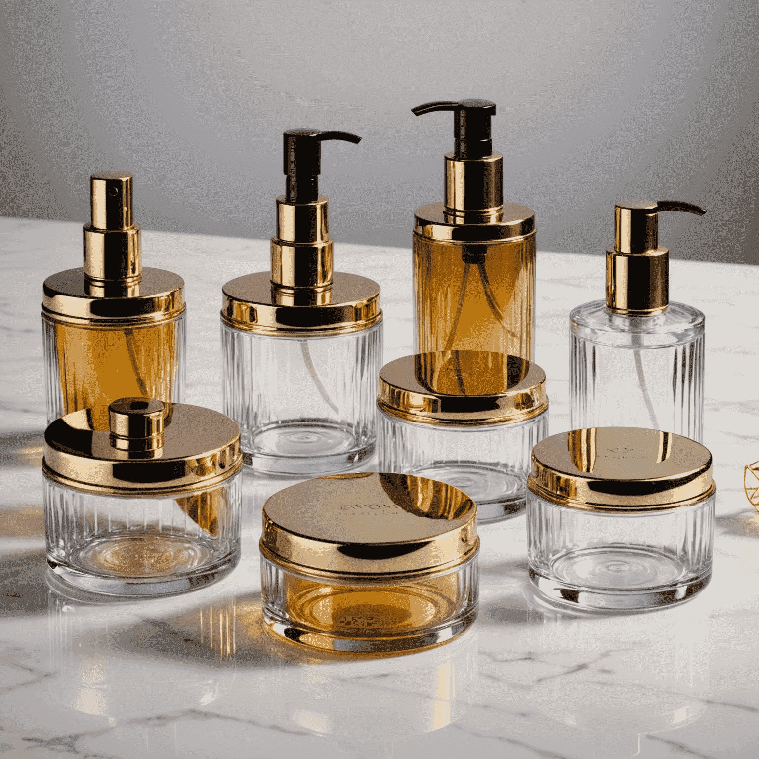 A set of elegant refillable glass cosmetic containers with metallic accents, showcasing various natural cosmetic products