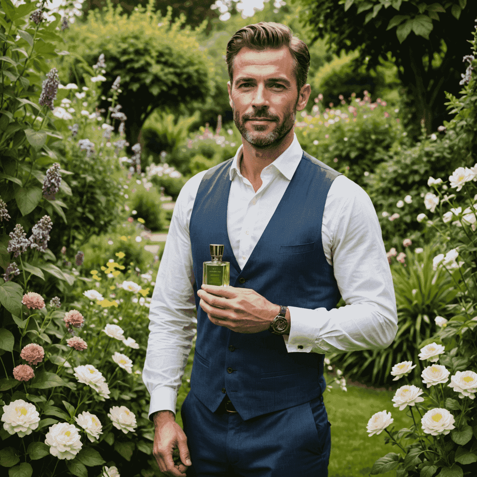 A celebrity perfumer in a lush garden, carefully selecting aromatic herbs and flowers for a natural fragrance