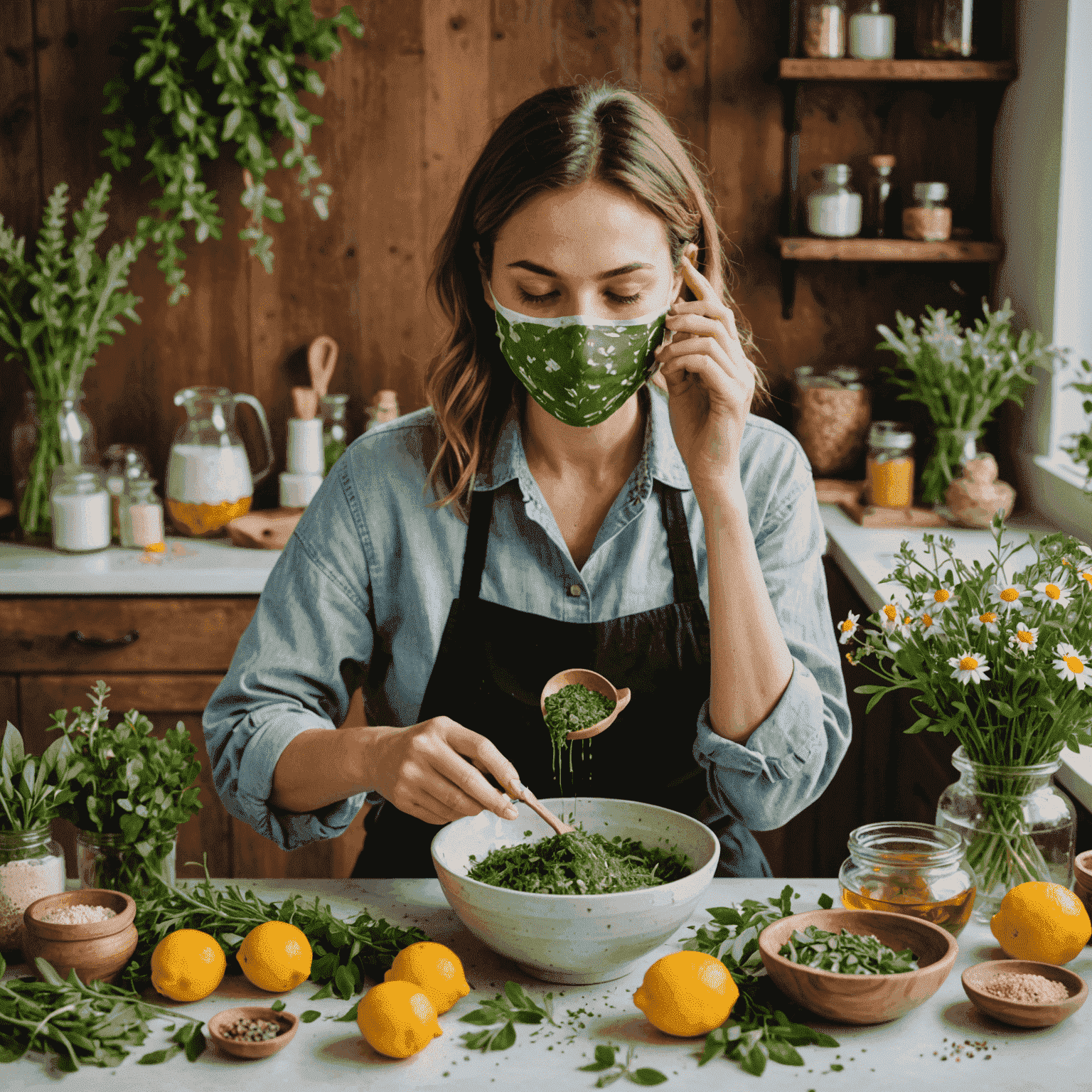 A woman mixing natural ingredients in a bowl to create a face mask, surrounded by fresh herbs and flowers