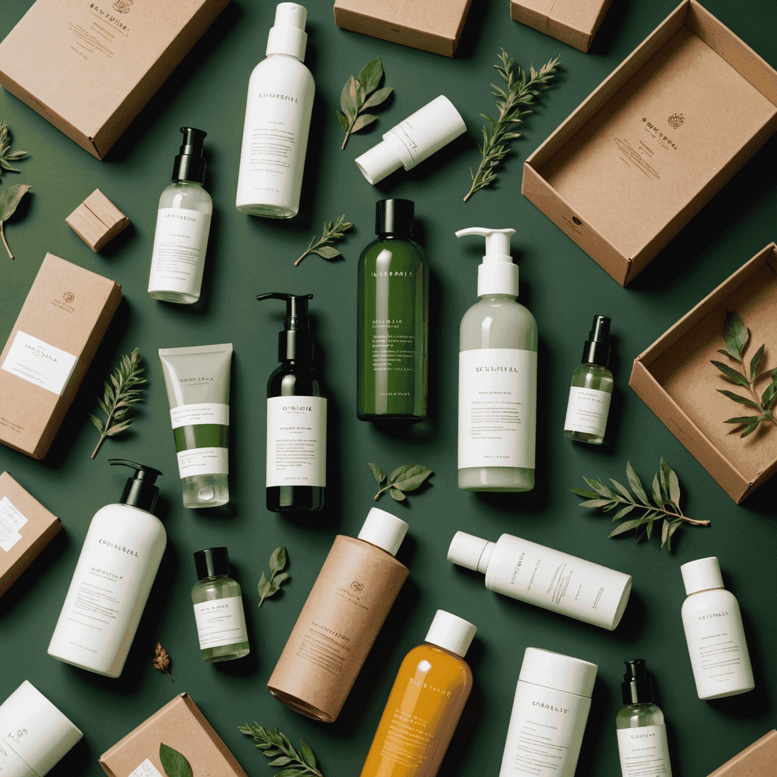 Showcase of various sustainable packaging designs for natural cosmetics and perfumes, featuring recycled materials, minimalist designs, and eco-friendly labeling