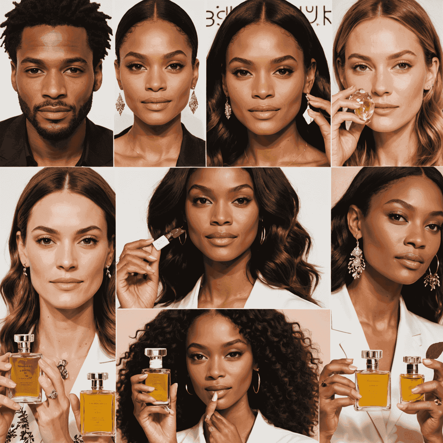 A collage of celebrities holding and applying natural perfumes, with organic ingredient illustrations in the background