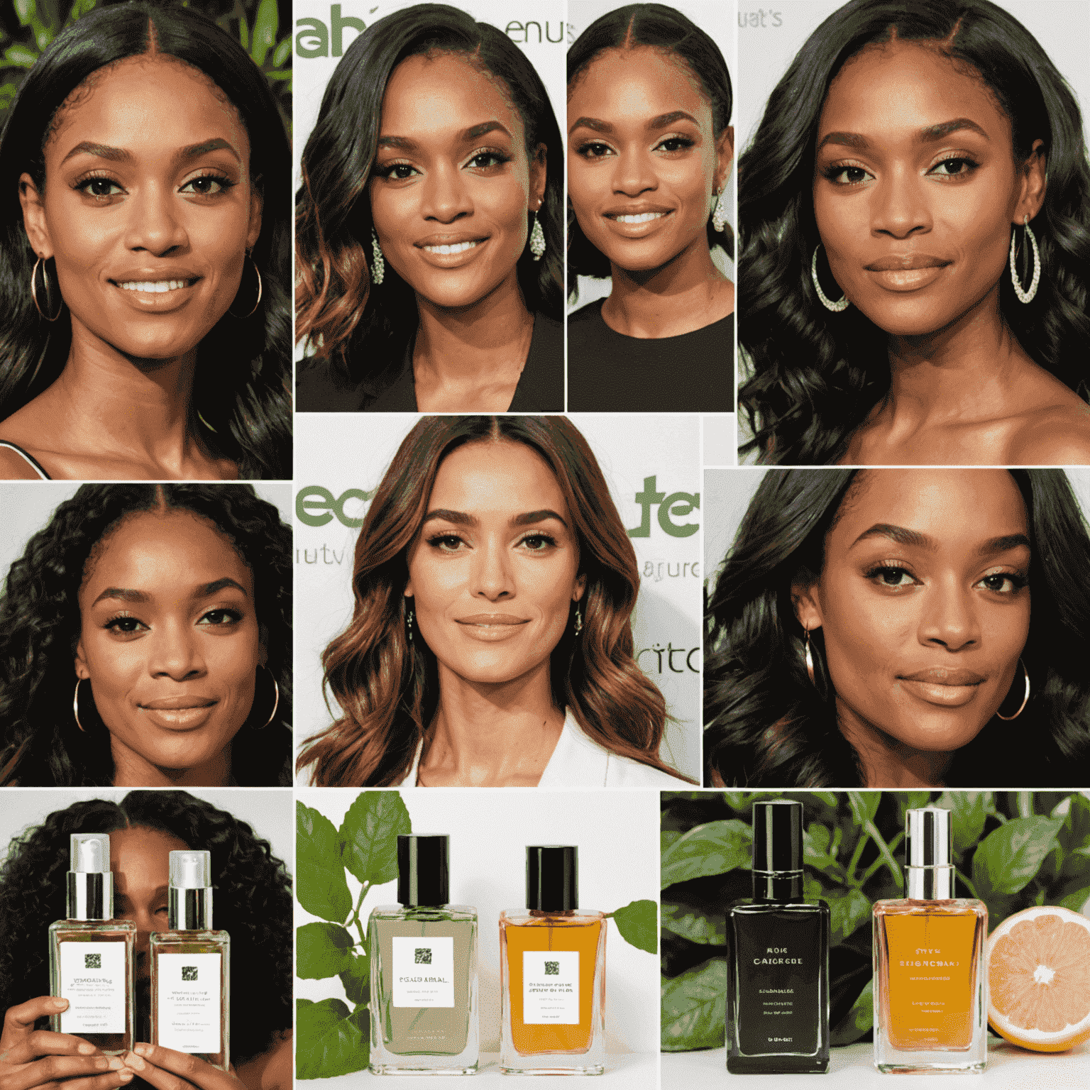 A montage of social media posts showing celebrities promoting their natural perfume lines, with images of eco-friendly packaging and natural ingredients