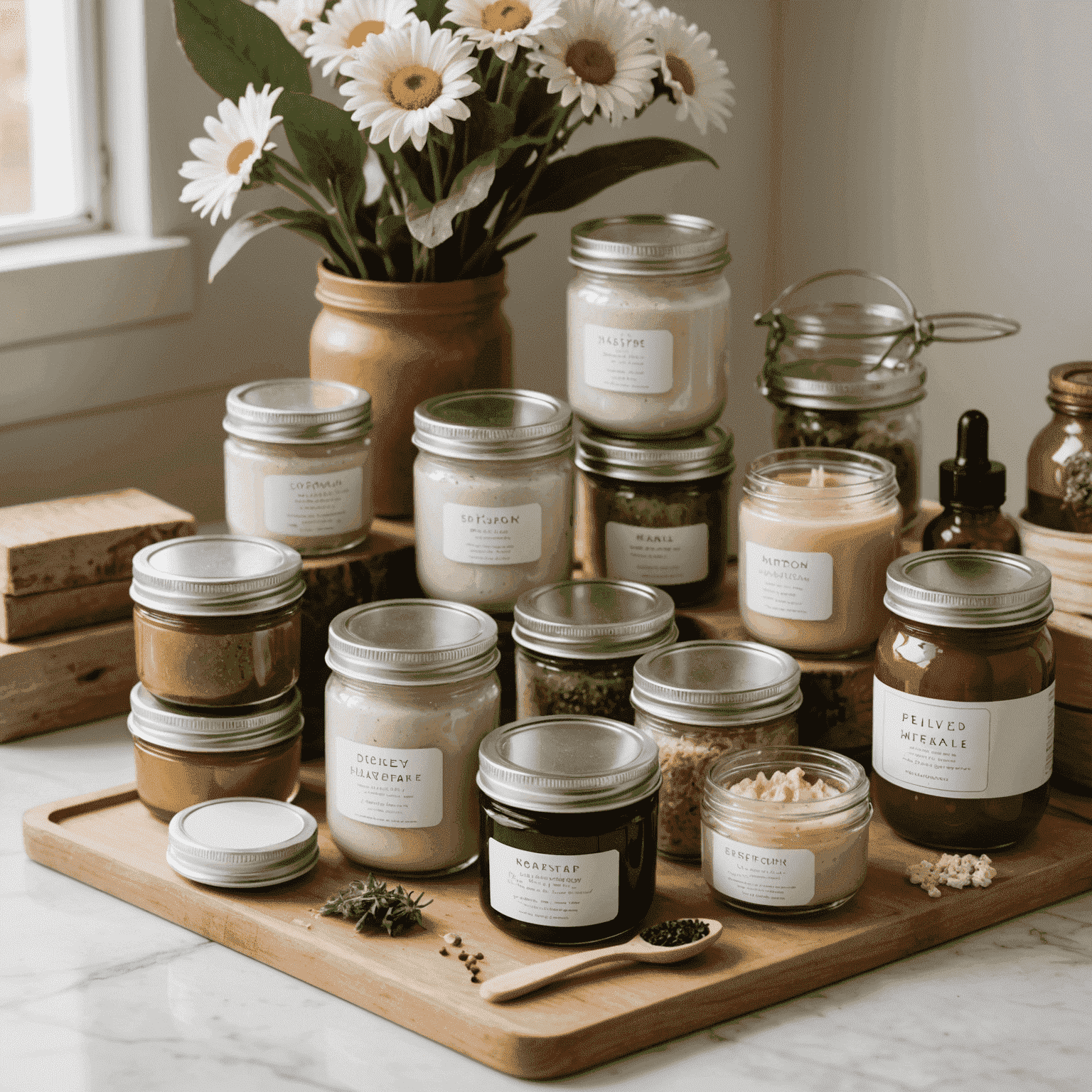 A collection of professionally packaged natural skincare products next to DIY versions in mason jars, showcasing the contrast between homemade and store-bought items