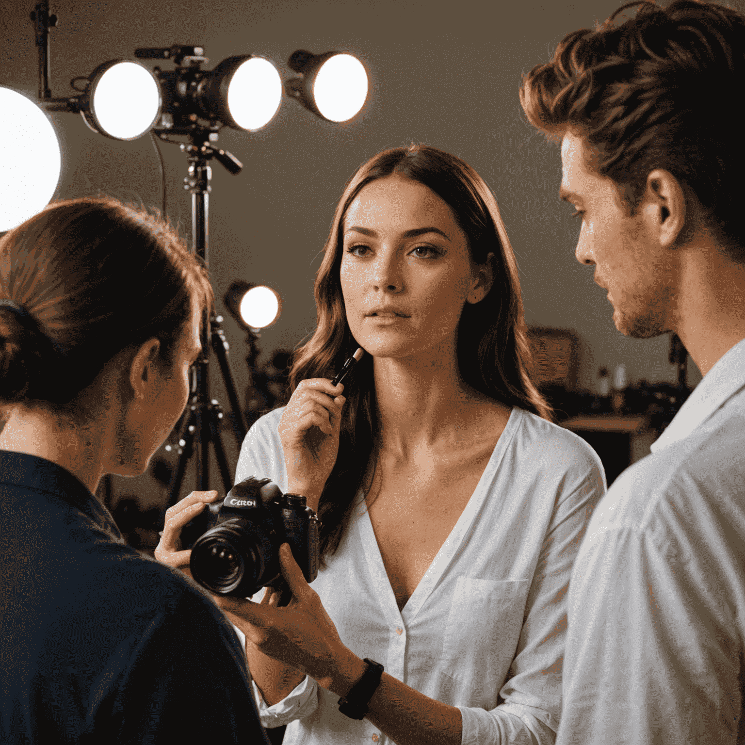 Behind-the-scenes of a video shoot for natural cosmetics, featuring a model applying products, professional lighting, and camera equipment