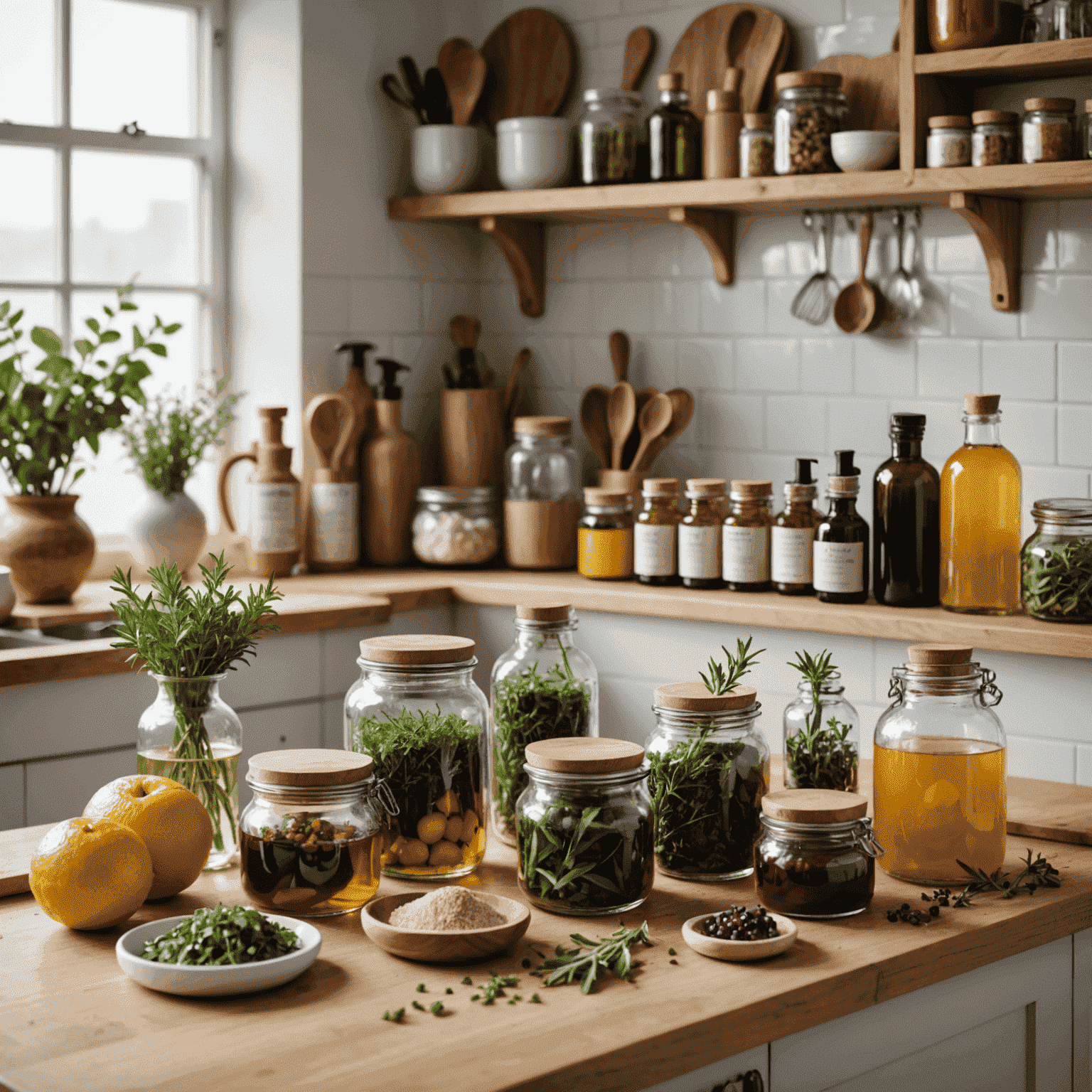 A kitchen counter with various natural ingredients like herbs, oils, and fruits, alongside homemade cosmetic products in glass containers