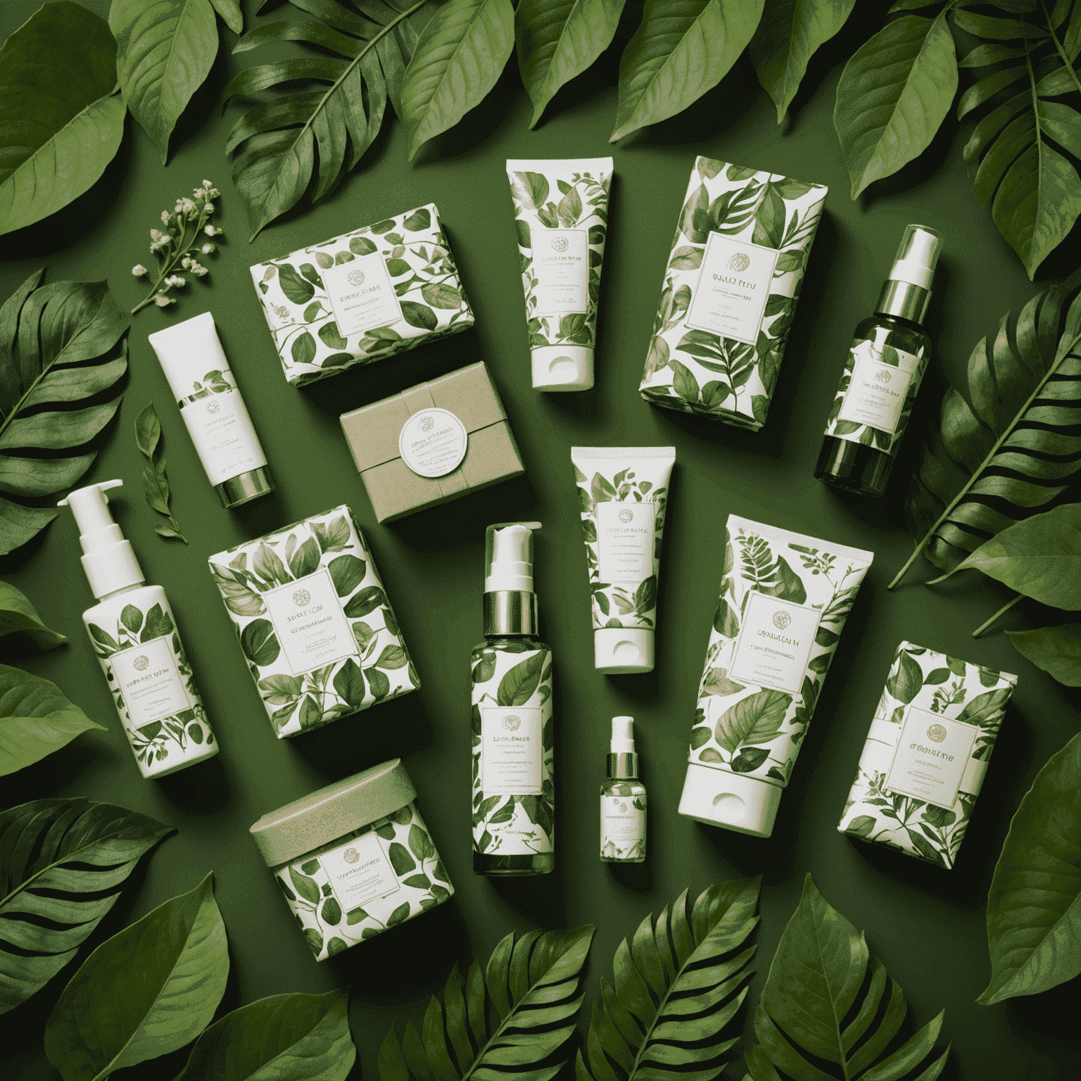 An array of elegantly designed, eco-friendly cosmetic packaging made from recycled materials, adorned with natural motifs and surrounded by green leaves.