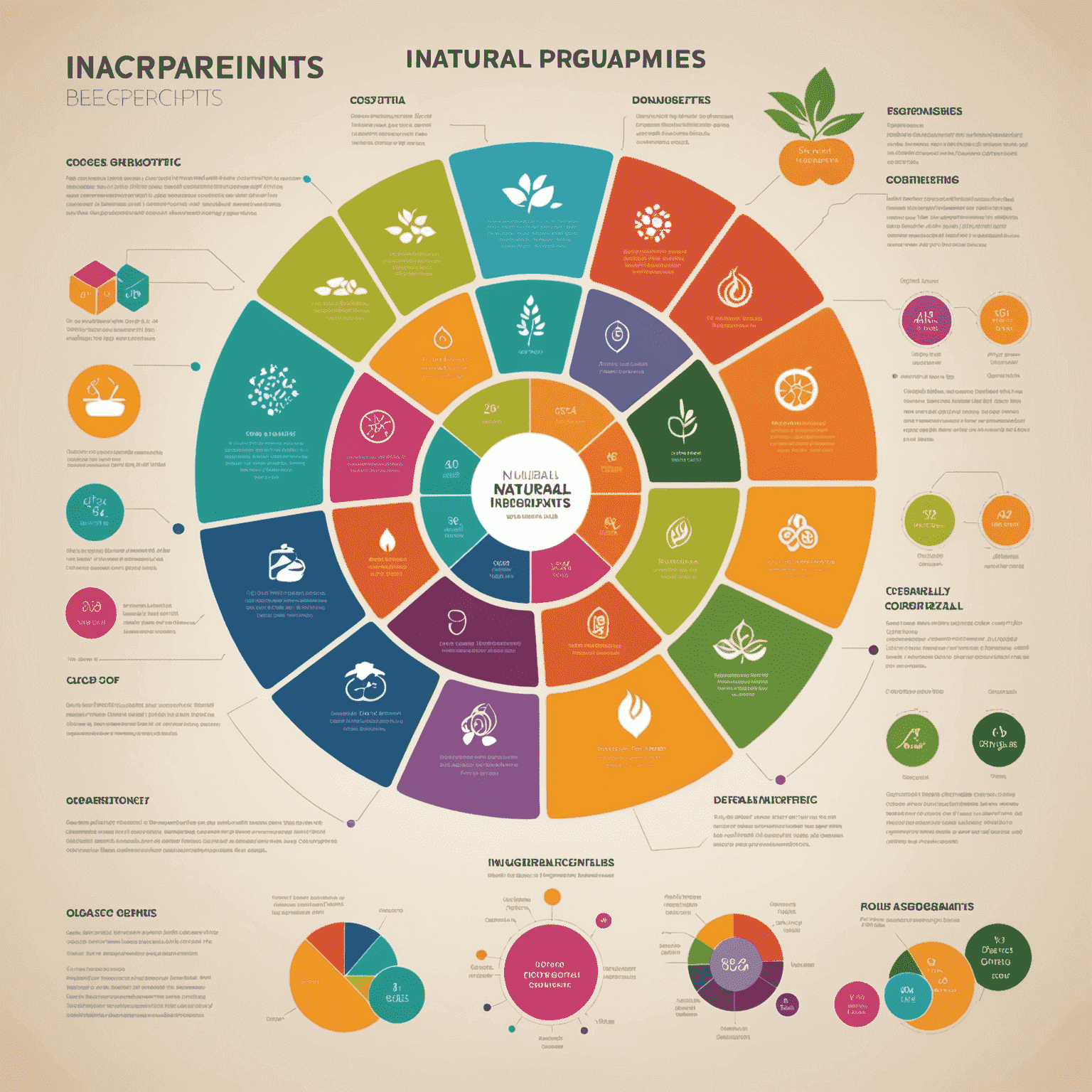 A series of colorful and informative infographics displaying the benefits of natural ingredients used in cosmetics and perfumes, with icons and data visualizations