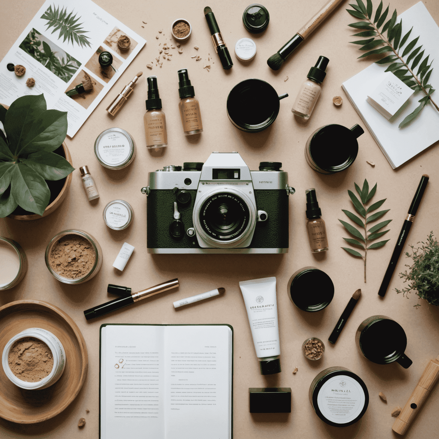 A creative workspace with a camera, laptop, and various natural cosmetics products, surrounded by mood boards and content drafts showcasing the benefits of natural beauty products.