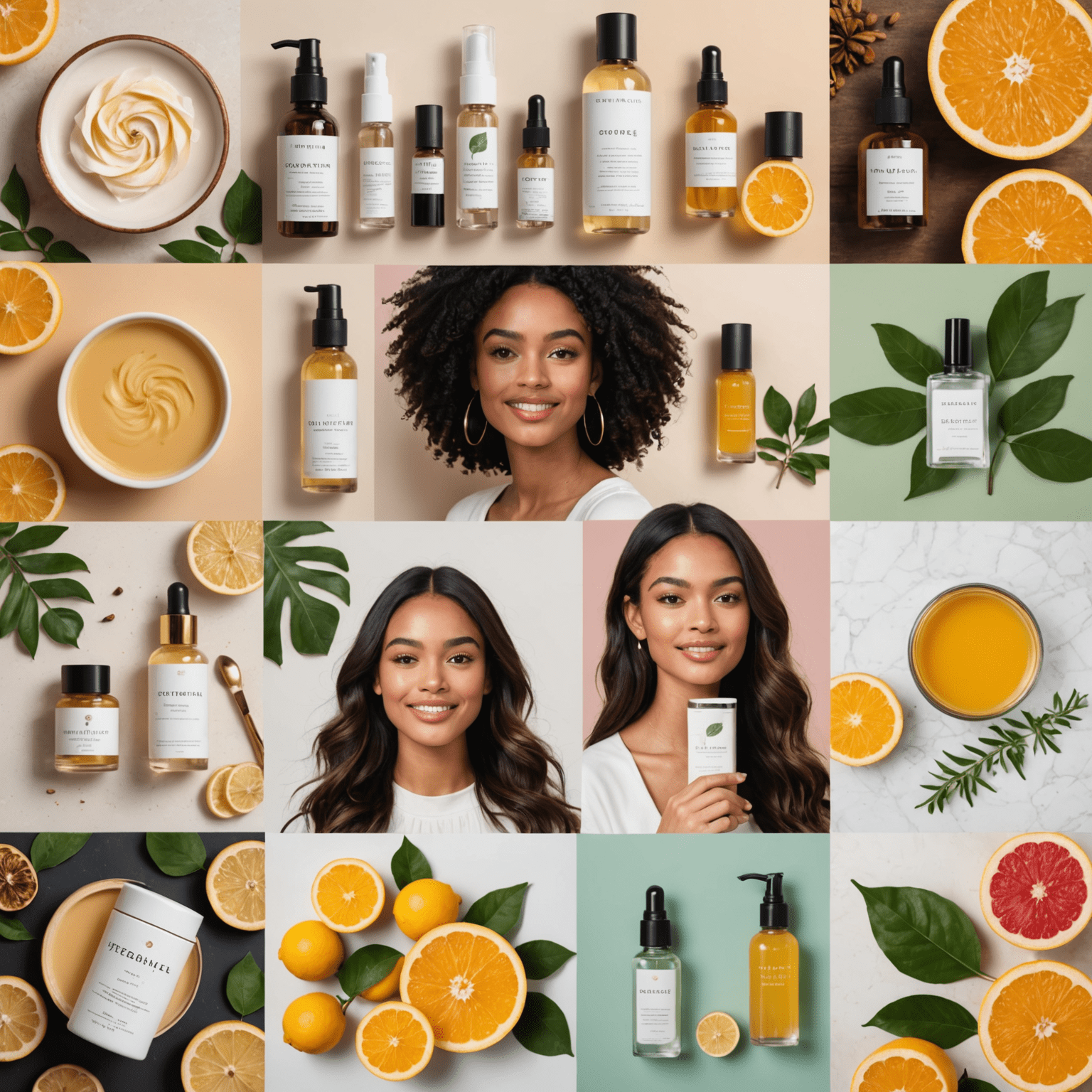 A collage of social media posts for natural cosmetics and perfumes, including Instagram posts, TikTok video thumbnails, and Pinterest pins, showcasing products and lifestyle images